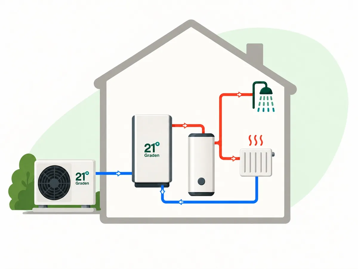 Schema van een warmtepomp: buitenunit, binnenunit, warmwatervat en radiatoren