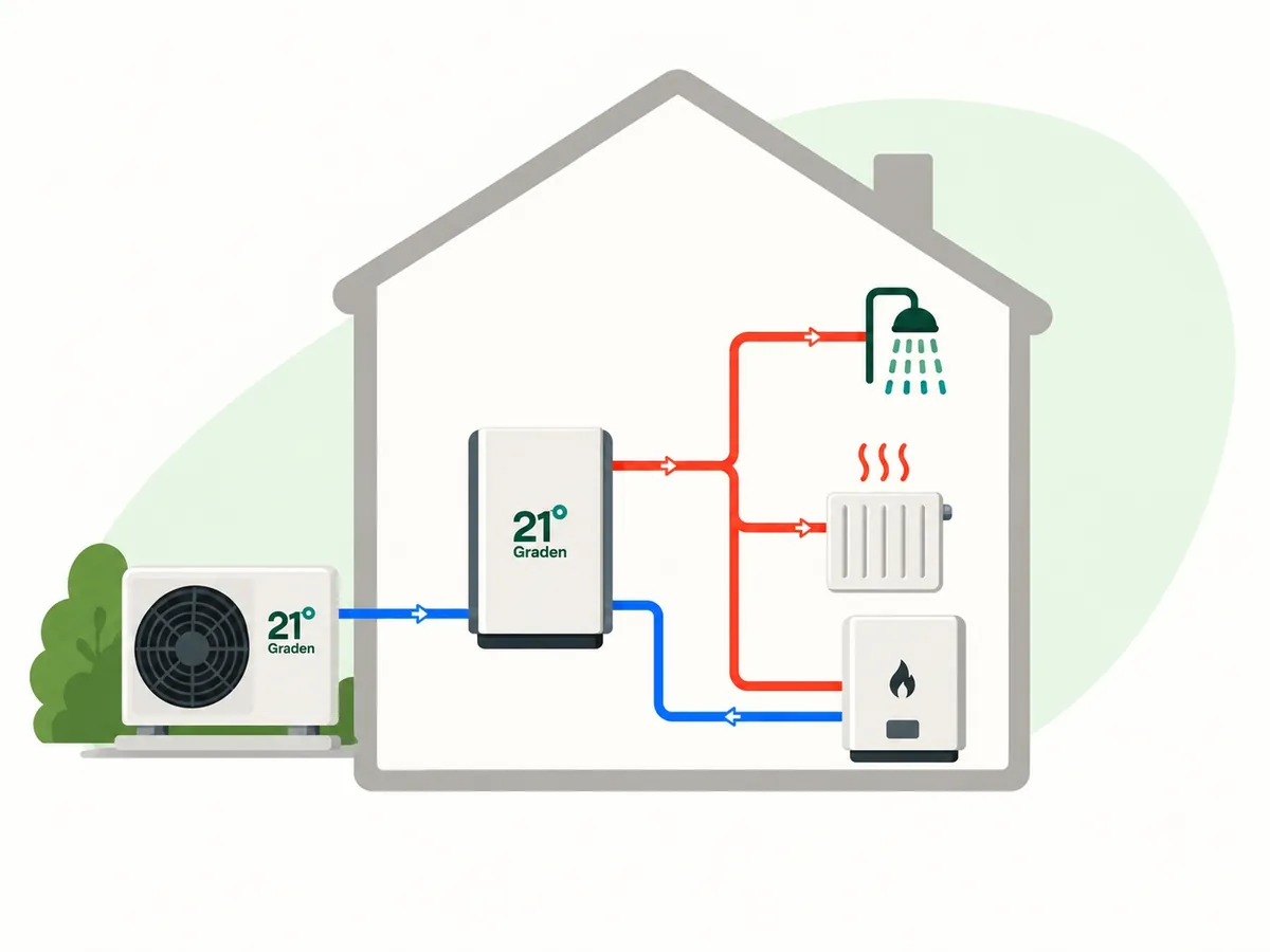 Schema van een hybride warmtepomp: buitenunit, binnenunit, cv-ketel, radiator en douche