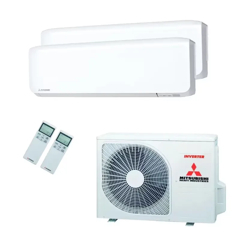 Mitsubishi multi-split airco: twee binnenunits, een buitenunit en afstandsbedieningen