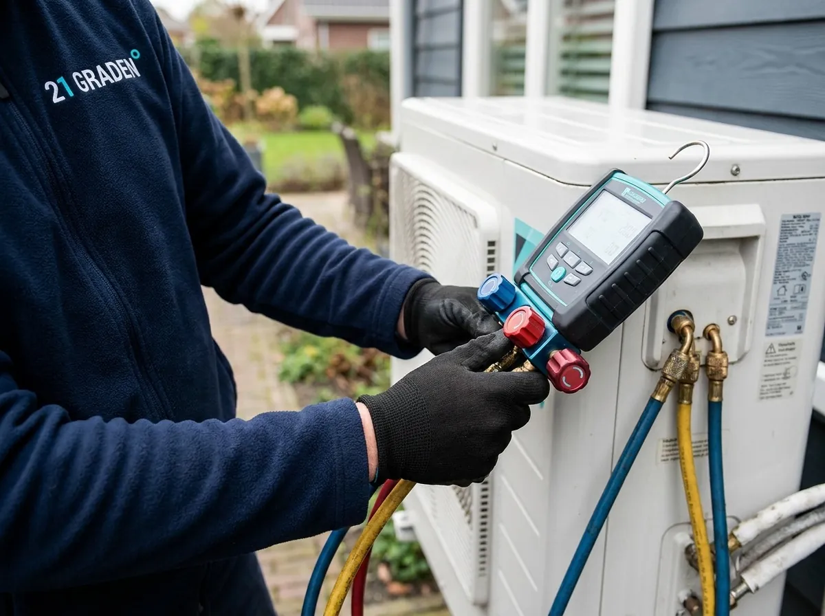 21 Graden monteur controleert het koudemiddel van een airco