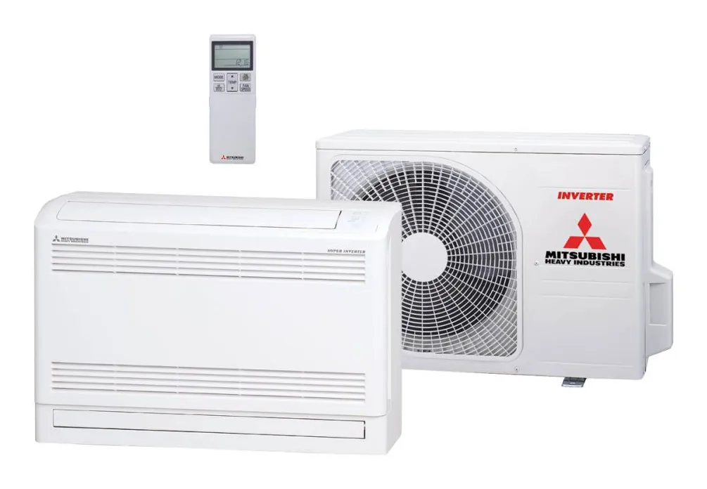 Mitsubishi Heavy Industries vloermodel airco met buitenunit en afstandsbediening