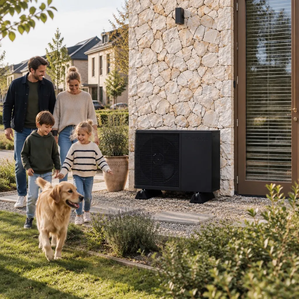 Gezin bij een woning met een all-electric warmtepomp in de tuin
