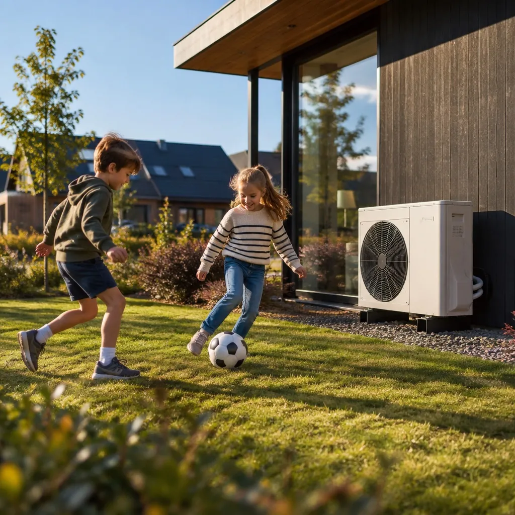 Spelende kinderen in de tuin bij een warmtepomp