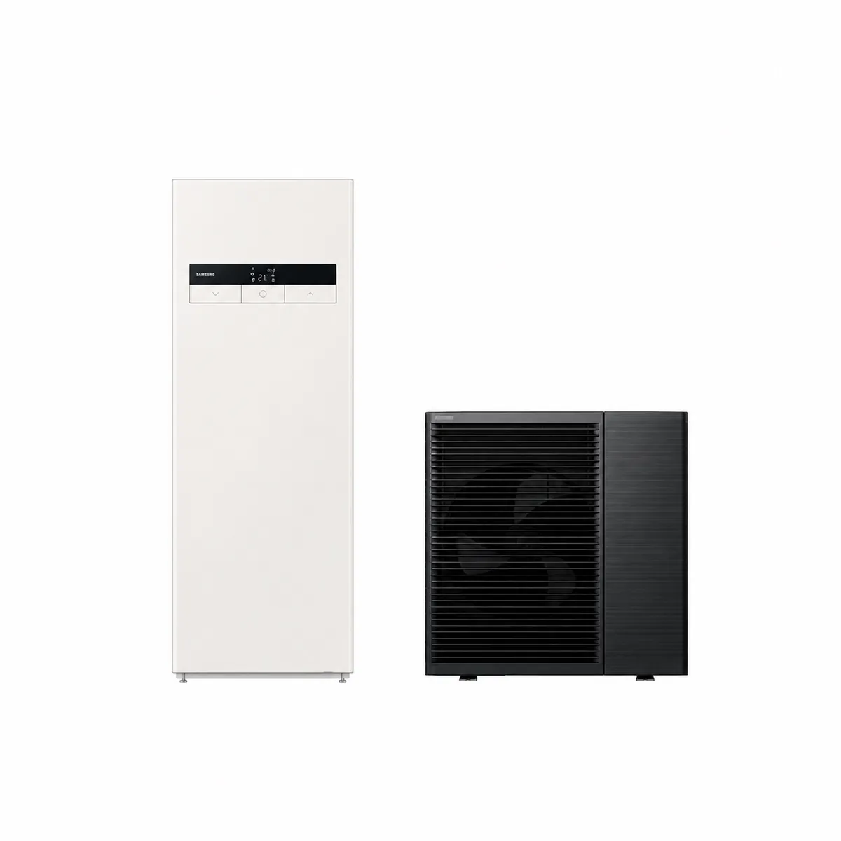 Warmtepomp met binnenunit, warmwatervat en buitenunit