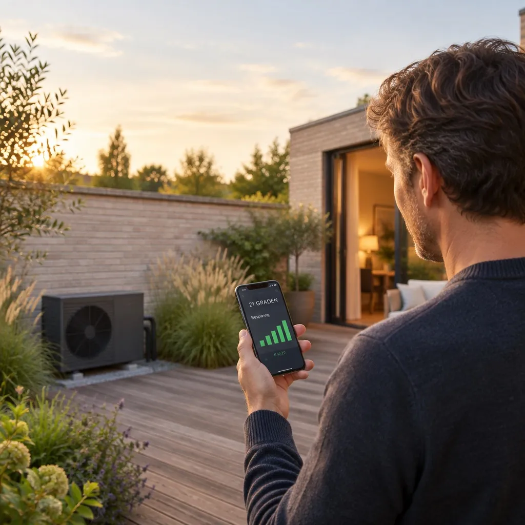 Bewoner bekijkt de besparing van zijn warmtepomp op zijn telefoon