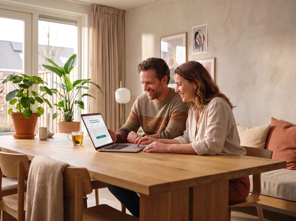 Stel vraagt thuis aan de eettafel een offerte aan op de laptop